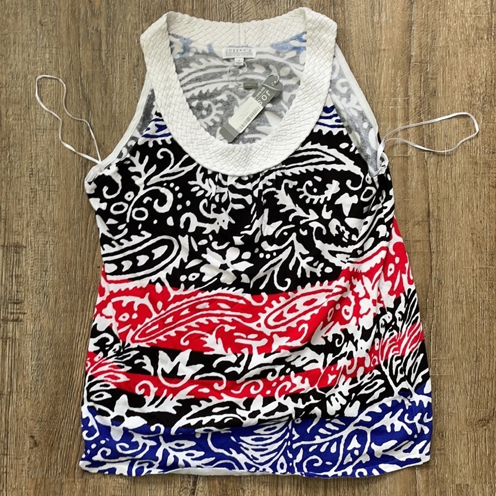 Joseph A Womens Sleeveless Print Basketweave Top, Red White Blue, Med